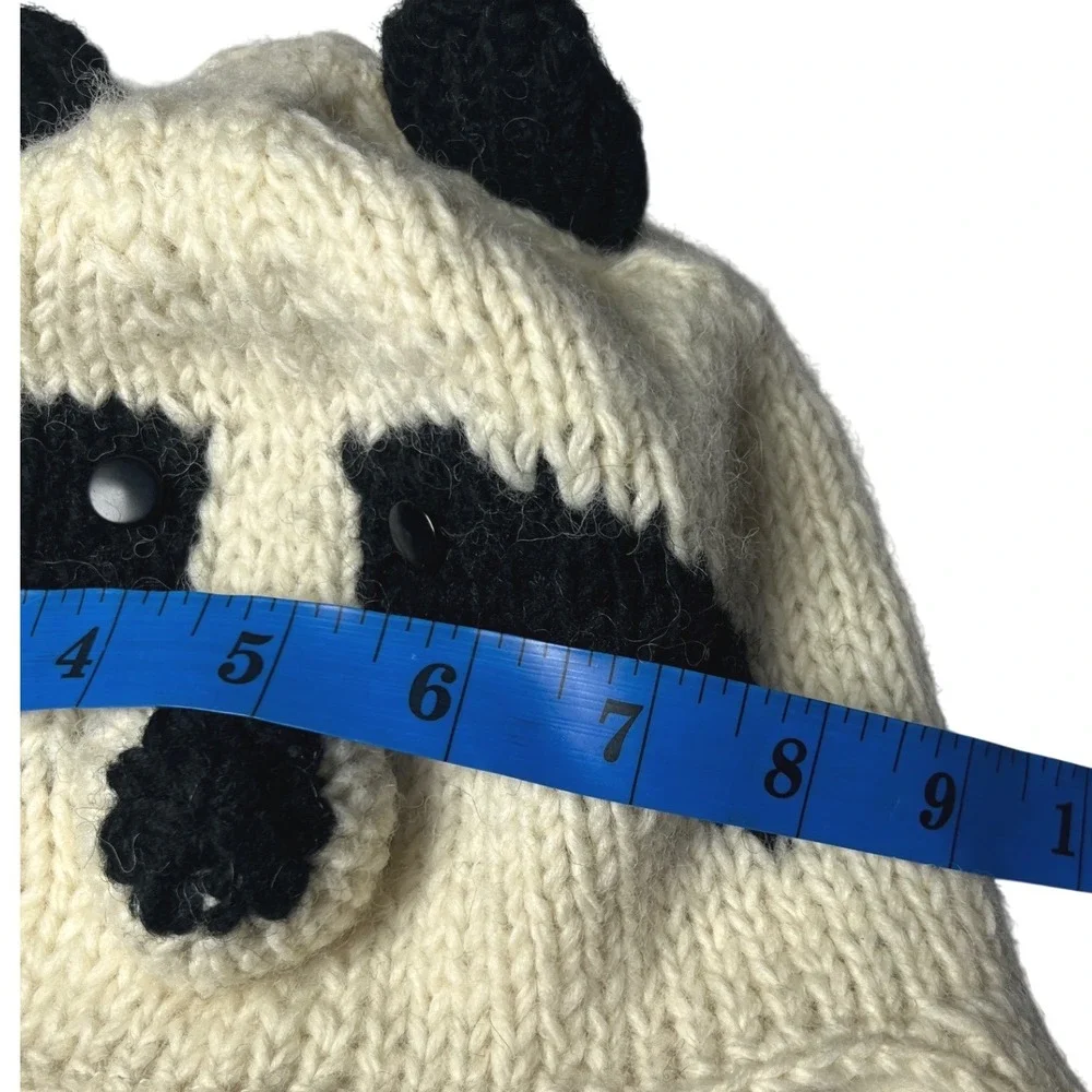 Raccoon‎ Nepal Wool Earflap Beanie Hat Hand Knit Cream Black Whimsical OS